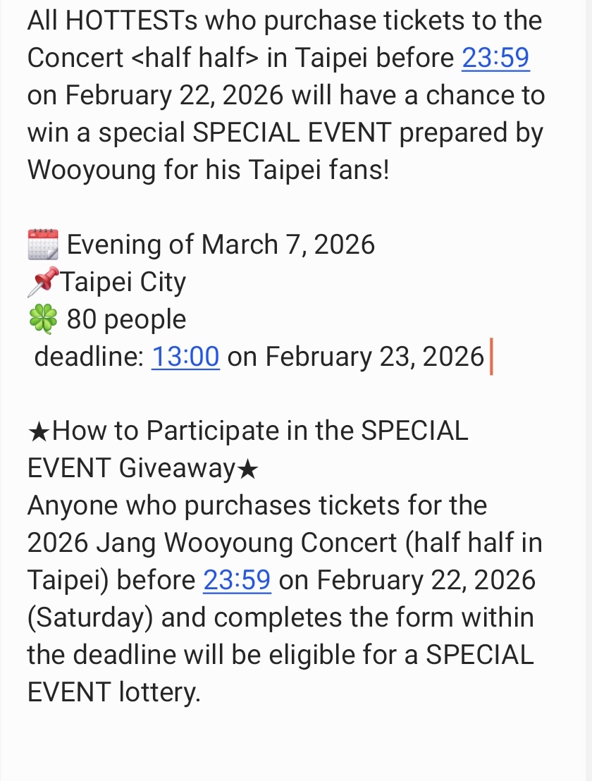 Half Half in Taipei special event 💙

🗓 Evening of March 7, 2026 
📌Taipei City
🍀 80 people 
deadline: 13:00 on February 23, 2026

#2025_JangWooyoung_Concert #halfhalf #jangwooyoung
