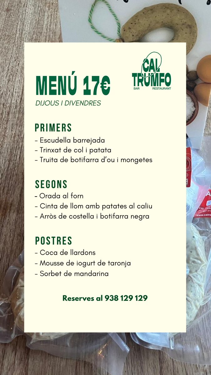 Bon Dijous Llarder! 🐷🥚

Menú disponible avui i demà.

Reserves al 938 129 129 💚