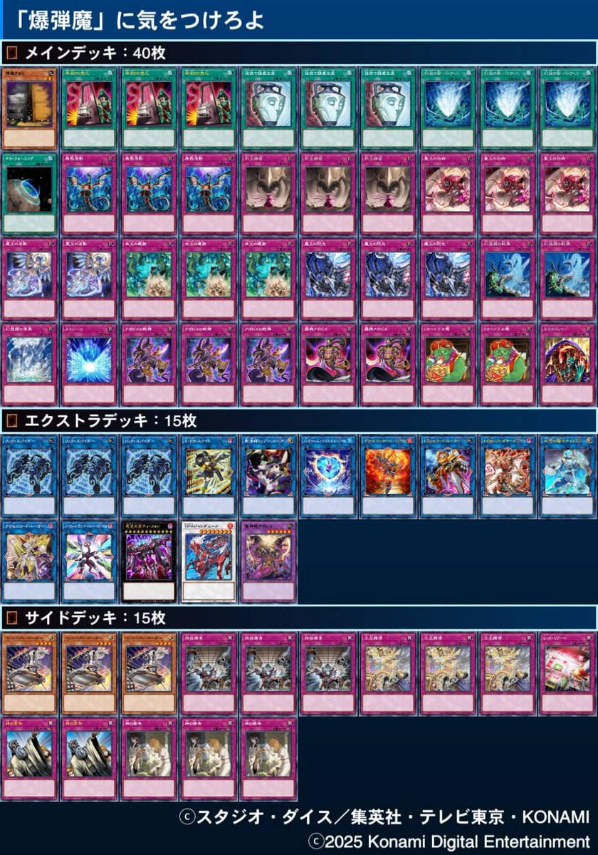 使用:幻煌龍
1.エルフェンノーツ 🎲〇, 〇
2.ふわんだりぃず 🎲〇, 〇
3.白き森 🎲〇, 〇
4.リゾネーター 🎲〇, 〇

リシドの100倍楽しいデッキ
原石抜いてアポピスギミック積んだらめちゃくちゃ強かったです✨
デッキの半分が手札から打てる罠なのリターナブル瓶が最強です👊