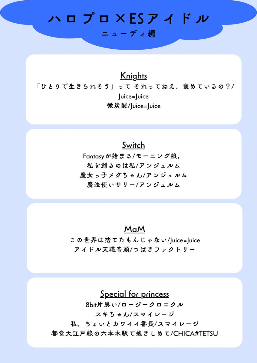 今日の真夜中、2月13日（金）0時から、ハロプロの全曲がサブスク解禁されます！🎉

あんスタ、ESアイドルの各ユニットと親和性の高そうな曲（というか歌ってほしい曲）をめちゃくちゃ独断と偏見で選んでみました🥳

今回初めて解禁する曲だけで選んでます✌️ちょっとでも気になったら是非🙌