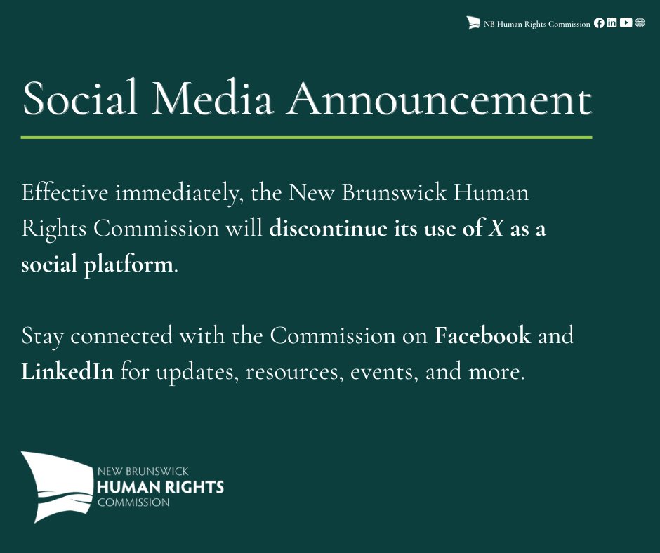 In response to GNB’s departure from X, effective immediately, the NBHRC will discontinue its use of X as a social platform. 

Stay connected with the HRC on FB and LinkedIn for updates, resources, events, and more.

FB: bit.ly/3NY3sNn 
LinkedIn: bit.ly/4rzZtoG