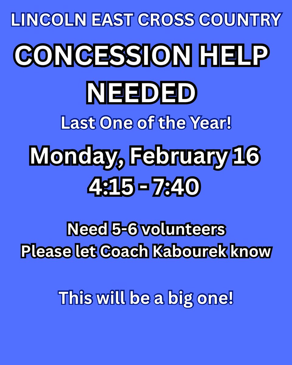 Needing volunteers for this Monday. This will be our last opportunity to earn some funds for next year’s season. Let Coach Kabourek know if you can help.