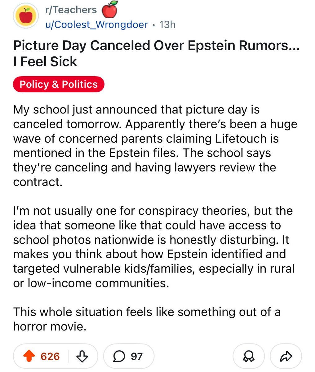 Schools are cancelling Picture Day because of a wave of concerned parents who don't trust the school photo company Lifetouch after they've been tied to Epstein via billionaire Leon Black