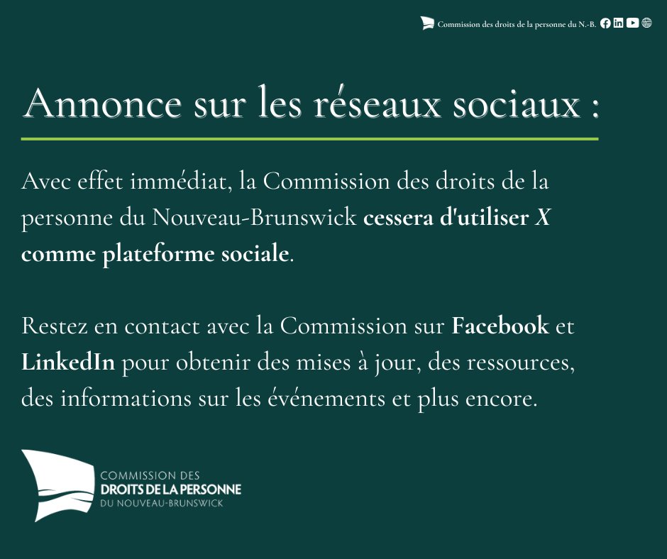 En réponse au départ de GNB de X, avec effet immédiat, la CDPNB cessera d'utiliser X comme plateforme sociale.

Restez en contact avec la CDP sur Facebook et LinkedIn pour des mises à jour, ressources et événements.

FB : bit.ly/3NY3sNn
LinkedIn : bit.ly/4rzZtoG