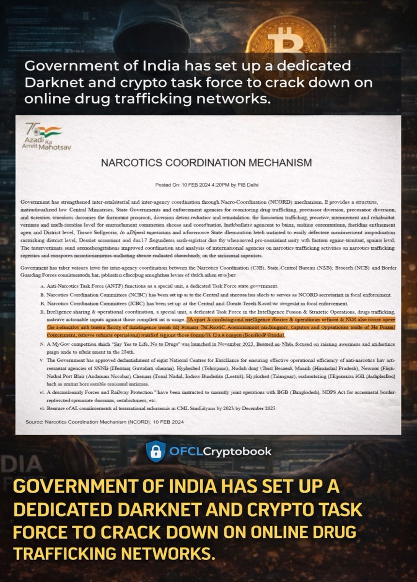 OFCLCryptobook's tweet photo. Government of India has set up a dedicated Darknet and crypto task force to crack down on online drug trafficking networks.

#cryptotaskforce #india #cryptobook #drug https://t.co/nSRha4lRxH