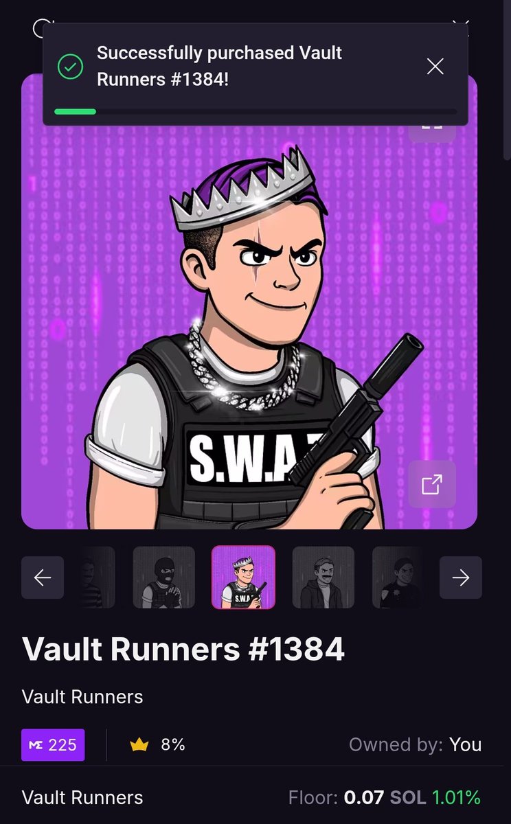 tanner1122660's tweet image. Morning Legends 👑 
New addition to the @VaultRunners collection!  
Love the art &amp;amp; ability to Stake for additional rewards 💰 #NFTCommunity #Solana #Runners