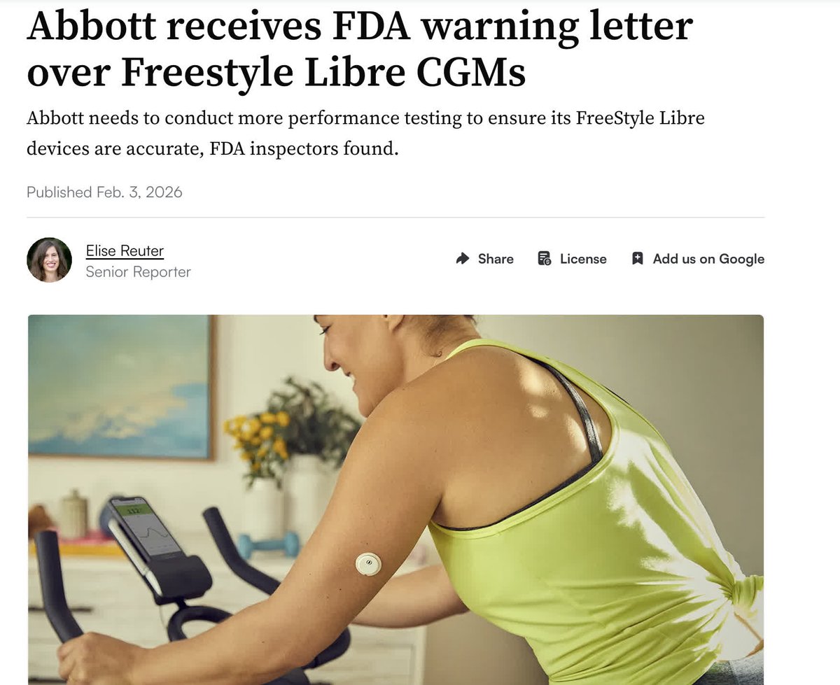 The FDA has issued a warning letter to Abbott over quality and accuracy testing practices for its FreeStyle Libre continuous glucose monitors, saying finished devices were released without adequate performance testing.

Abbott says it's taking corrective actions as it works with