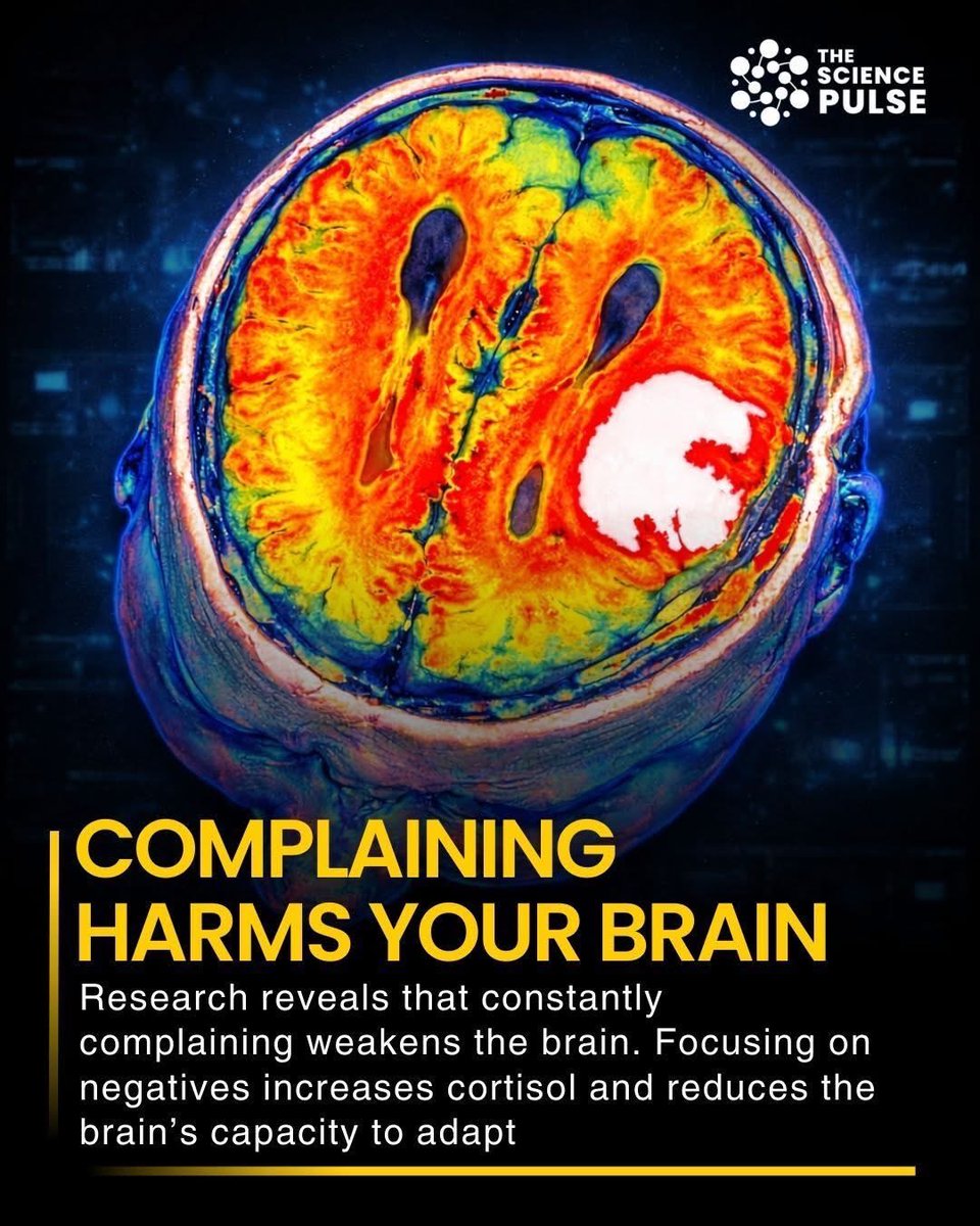 argosaki's tweet image. New research reveals that constant complaining does more than annoy those around you—it can actually weaken your brain. 

Every time you focus on what’s wrong, your body releases stress hormones like cortisol, which interfere with neural function and reduce the brain’s ability to…