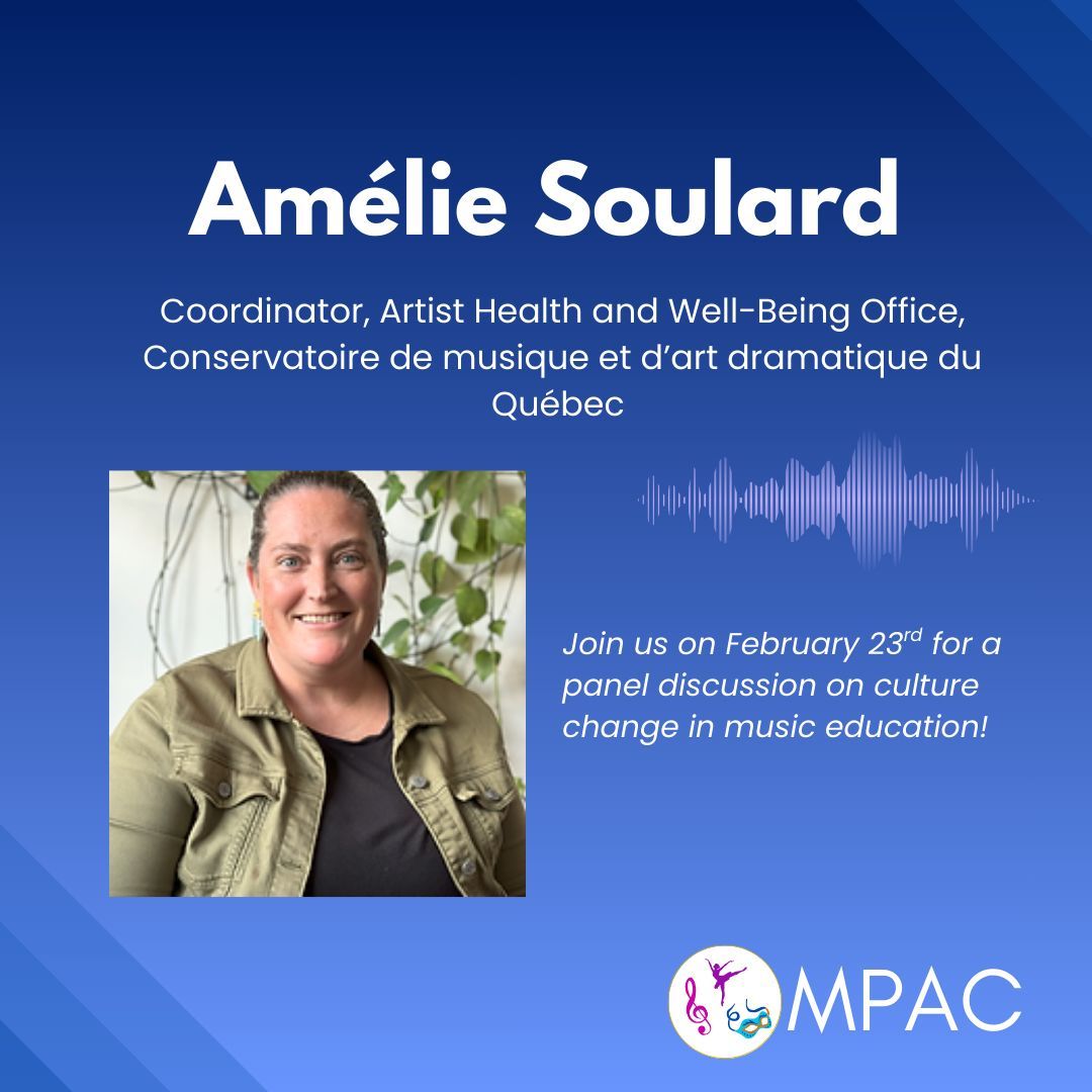 MPACanada_'s tweet photo. Amélie Soulard is a certified mental performance consultant and the coordinator of Artist Health and Well-Being Office. Join us on February 23rd at 3pm EST for a FREE webinar featuring Amélie and other panelists!
Register here: https://t.co/mOdS7oZESV #musicianshealth #musicians https://t.co/VokJnQ60a3