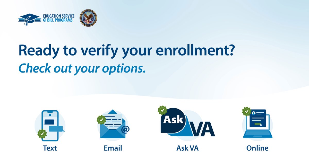 GI Bill® students: Prepare to verify your enrollment at the end of the month – it’s required! Verify via text, email, online or through Ask VA. 

Contact the Education Call Center at 888-442-4551 to switch your verification method.