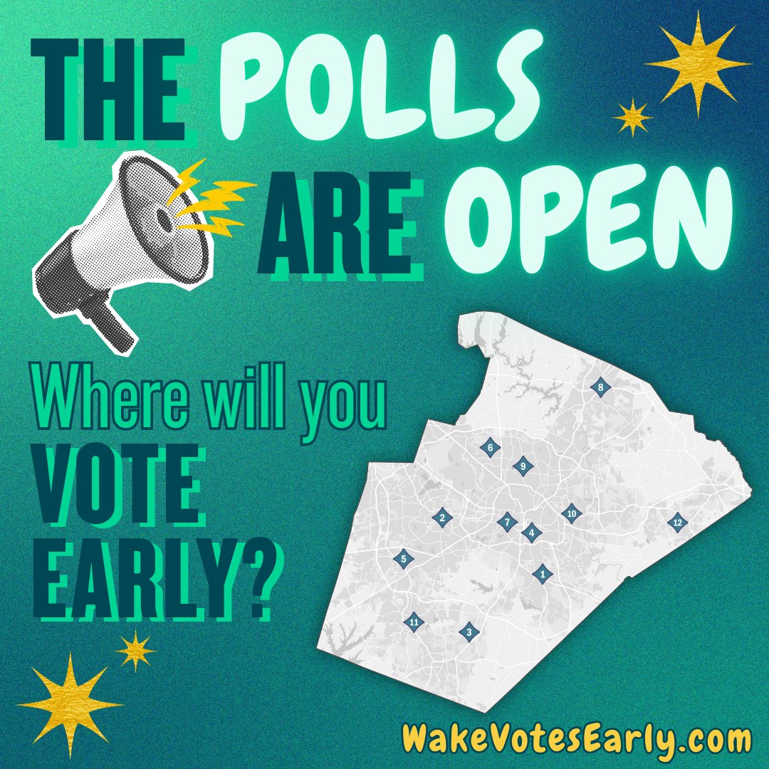 WakeElections's tweet photo. 📢 The polls are open, and Early Voting has begun! ⏱️ Use our live wait time tracker and interactive map to plan your vote around your schedule: https://t.co/cwhktdxOV4
📰 Learn more about Early Voting is Wake County: https://t.co/M41sXgUVo3
#ReadyToVote https://t.co/QBbUtcsXjM