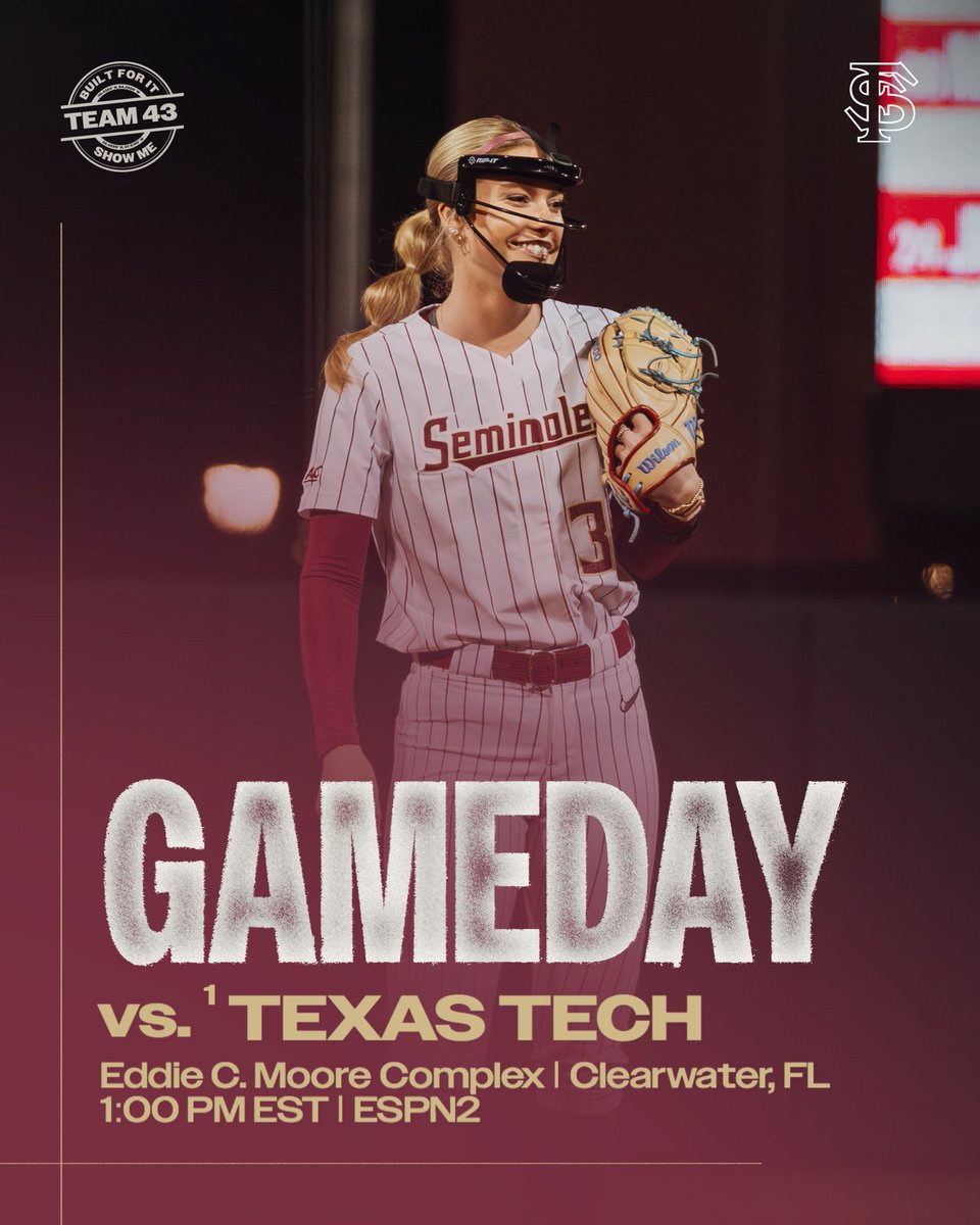 FSU_Softball's tweet image. Let’s do it🍢

🆚 No. 1 Texas Tech
📍 Clearwater, FL
⏰ 1 p.m. 
📺 ESPN2

#Team43