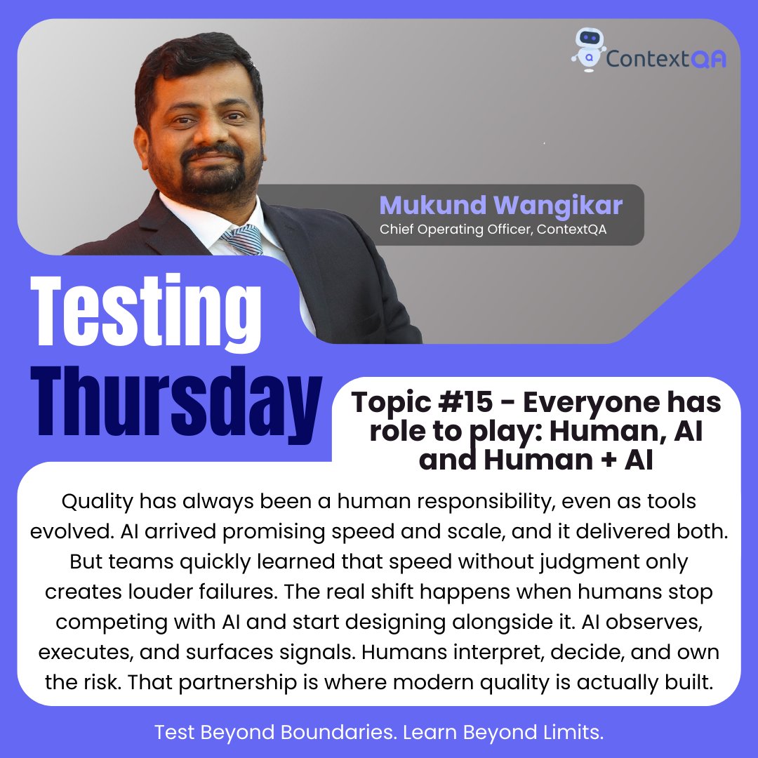 ContextQa's tweet photo. Testing Thursday Topic #15 -
AI doesn’t own quality.
Humans don’t scale alone.
The future of testing is clear roles:
-AI for scale.
-Humans for judgment.
-Human + AI for real quality.
#TestingThursday #QualityEngineering #AIinQA #ContextQA https://t.co/lDT5q3gTG1