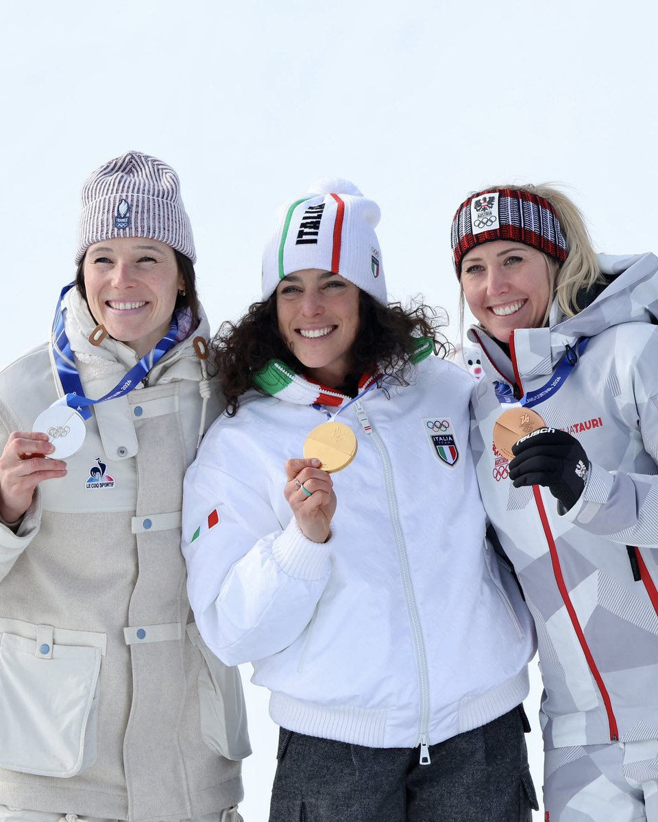 fisalpine's tweet photo. 🥇🥈🥉 Women’s Super G Podium!
What an amazing race thank you Cortina once again for the magic! ❄️✨

🥇 Federica Brignone 🇮🇹
🥈 Romane Miradoli 🇫🇷
🥉 Cornelia Huetter 🇦🇹

📸 FIS / Action Press

#FISAlpine #ILoveSnow #PassionBeyondLimits #MilanoCortina2026 https://t.co/30pT4saeaZ
