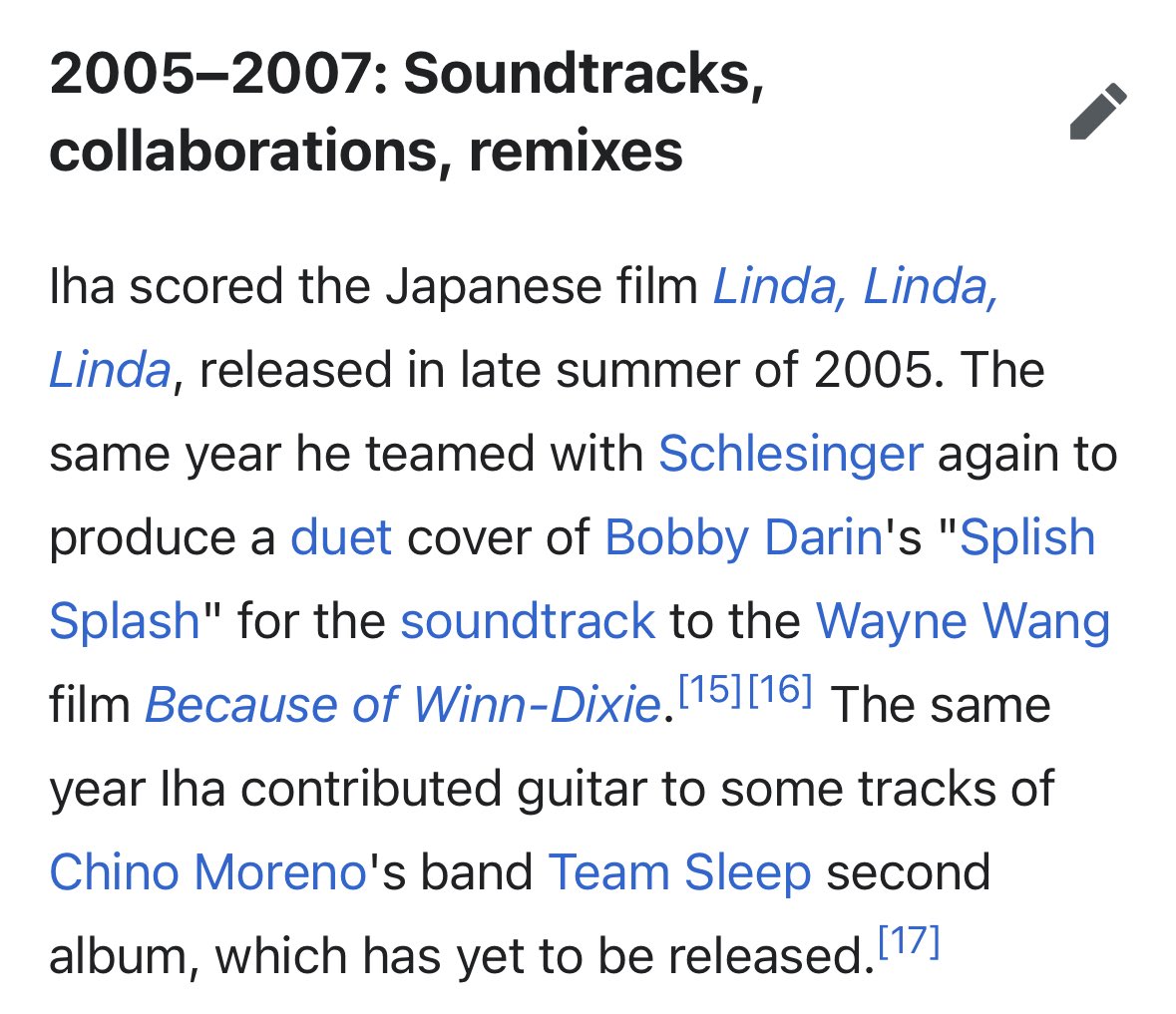 スマパン＋チノ、というかジェイムス・イハ＋チノ（多分仲が良い？）に関しては、イハのWikipedia（英語）の方に、
えらい昔だけど2005年に、チノ・モレノのサイドプロジェクトのTeamsleepの2ndアルバムにイハがギター参加したけどリリースに至ってないって書いてあり、
大変惜しい、聴きたい。