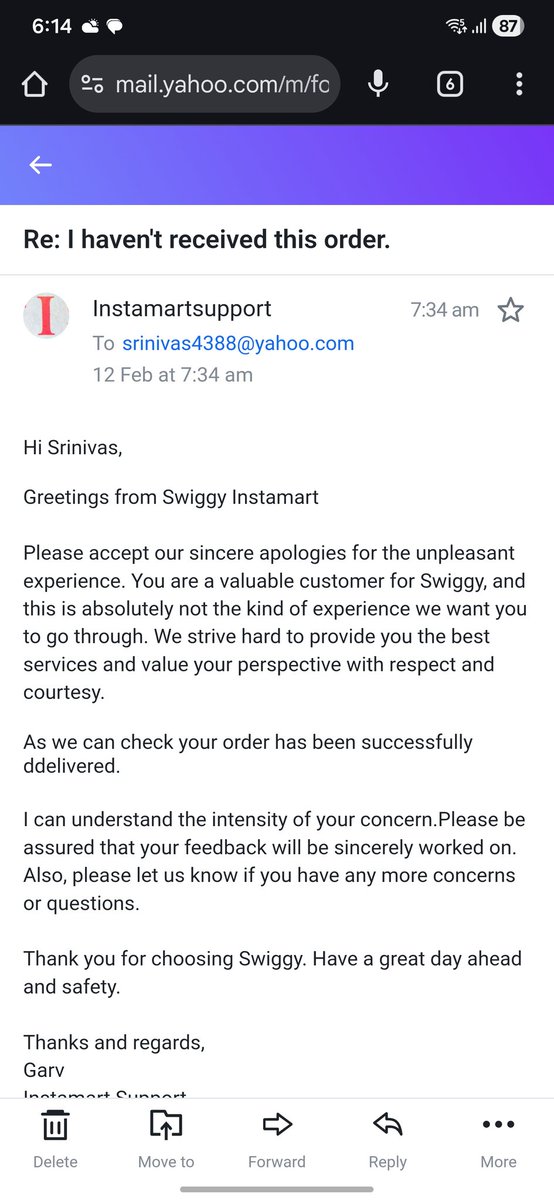 Srinivas_prince's tweet photo. Extremely disappointed with @SwiggyInstamart service.
My recent order is marked as “Delivered”, but I have not received it. I raised a complaint via email and phone, and the response I got was simply:
“Order delivered.”
No investigation. No proof of delivery. Unacceptable. https://t.co/GJiXSOwRR5