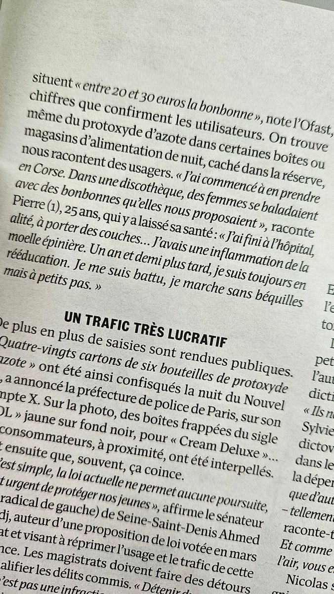 Dans le nouvel Obs de la semaine passée, ça parle protoxyde d'azote, avec un petit clin d'œil aux sympathiques tenanciers "nustrali", nos semblables, nos frères, qui ont vendu ça à ciel ouvert à nos enfants pendant des années.
