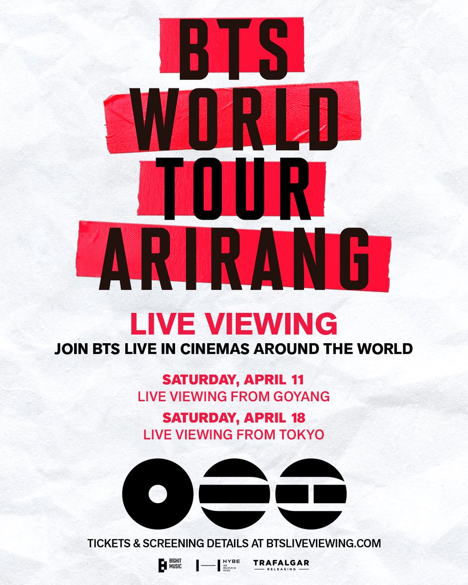 [NEWS] #BTS WORLD TOUR 'ARIRANG' IN GOYANG &amp; TOKYO will be broadcast live IN CINEMAS!

📅 LIVE VIEWING from GOYANG: Apr.11
📅 LIVE VIEWING from TOKYO: Apr.18
🔗 More Info: btsliveviewing.com

#BTS_WORLDTOUR_ARIRANG
#BTS_WORLDTOUR_ARIRANG_LIVEVIEWING