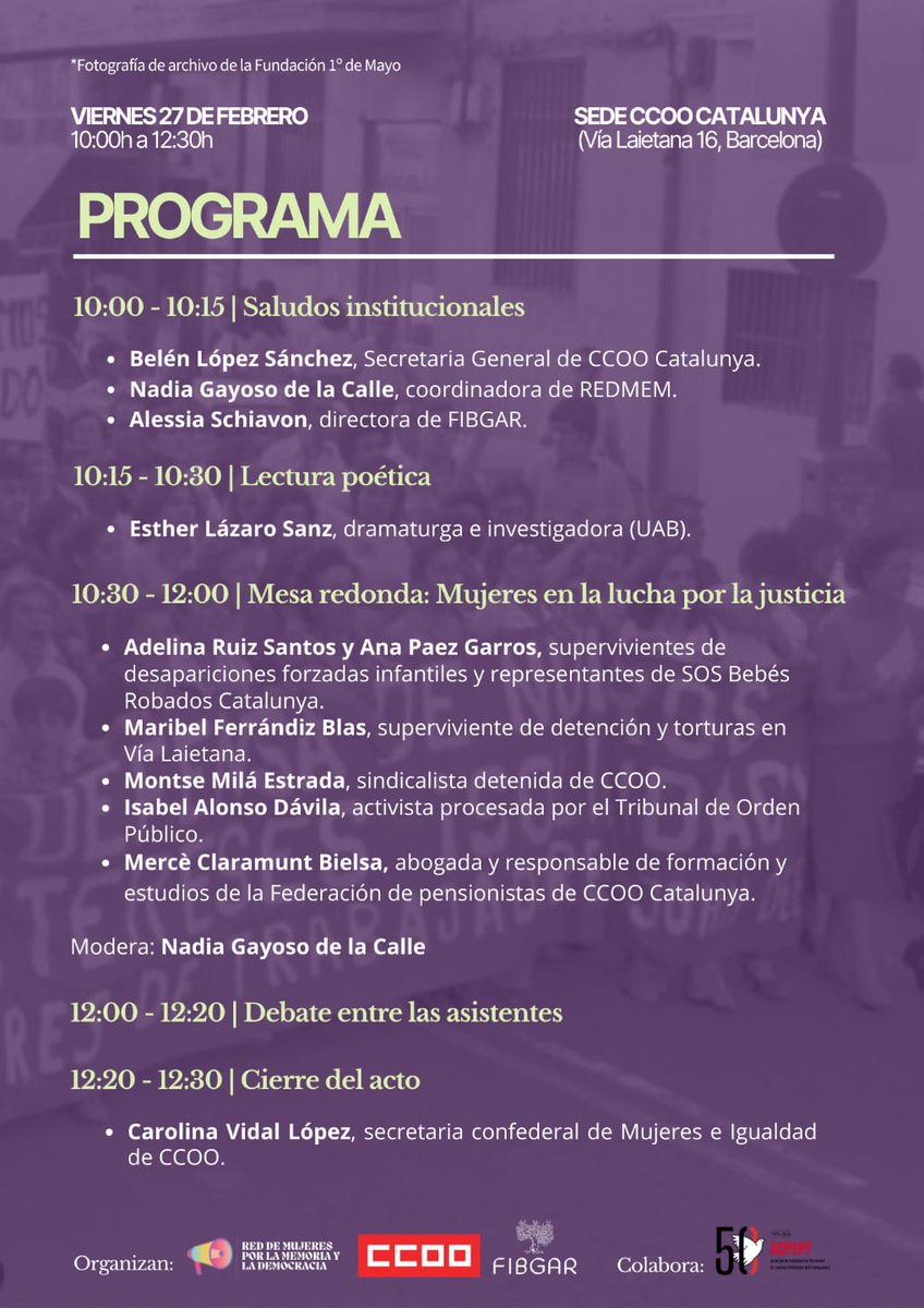 RevTrabajadora's tweet photo. Este 27F en Barcelona:

Mujeres defendiendo la democracia: Una mirada feminista al acceso a la justicia y la memoria democrática

🏬 Sede CCOO Catalunya (Vía Laietana 16)
 🕜 10:00h–12:30h 

La democracia se defiende ejerciéndola. 📷

#REDMEM #CCOO #MemoriaDemocrática https://t.co/JgaNvSZGP2