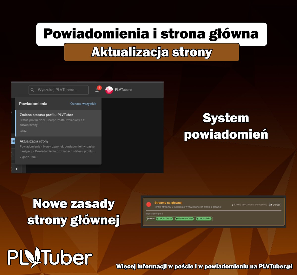 Witajcie!

Dzisiaj mamy dla Was kilka nowości na plvtuber.pl!

Dodaliśmy powiadomienia. Nowy dzwonek w pasku nawigacji poinformuje Was o zmianach statusu profilu, modeli i wydarzeń. Kliknijcie powiadomienie, by zobaczyć pełną treść!

WAŻNE! Widoczność streamów na