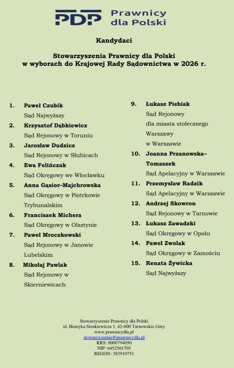 ❗️❗️❗️WYBORY ❗️❗️❗️

 do Krajowej Rady Sądownictwa <a href="/KRS_RP/">Krajowa Rada Sądownictwa</a> 2026 roku to dla nas <a href="/PRAWNICYdlaPOL/">Prawnicy dla Polski</a> zarówno święto demokratycznego ustroju naszej Ojczyzny 🇵🇱, jak i wyraz troski o Jej los ❗️❗️❗️

Od niemal dwóch i pół roku-z Państwa wsparciem oraz otuchą-w miarę naszych