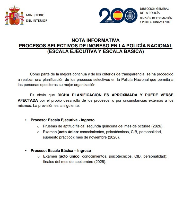 📢💥¡OPOSITORES DE ESCALA BÁSICA DE LA POLICÍA NACIONAL!

📆PUBLICADAS LAS FECHAS APROXIMADAS DE LA REALIZACIÓN DEL EXAMEN‼️

- Examen en acto único: finales del mes de septiembre 2026📚

🔗policia.es/portalaspirant…