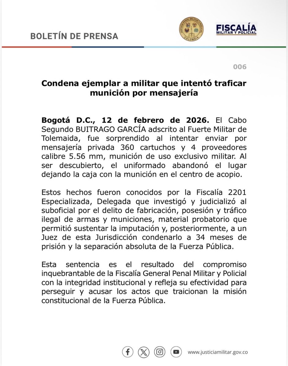 Condena ejemplar a militar que intentó traficar munición por mensajería #Lajusticiaqueseve