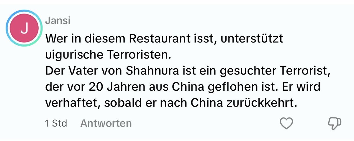 so because the restaurant-post went viral

they called us T€rr0rits after I said we are uyghurs and not chinese- they started giving us vad reviews and if you look- the bad ones were just from chinese people plus they spamed my Tiktok-Dm

So appearently my dad is a T€rr0rist😂