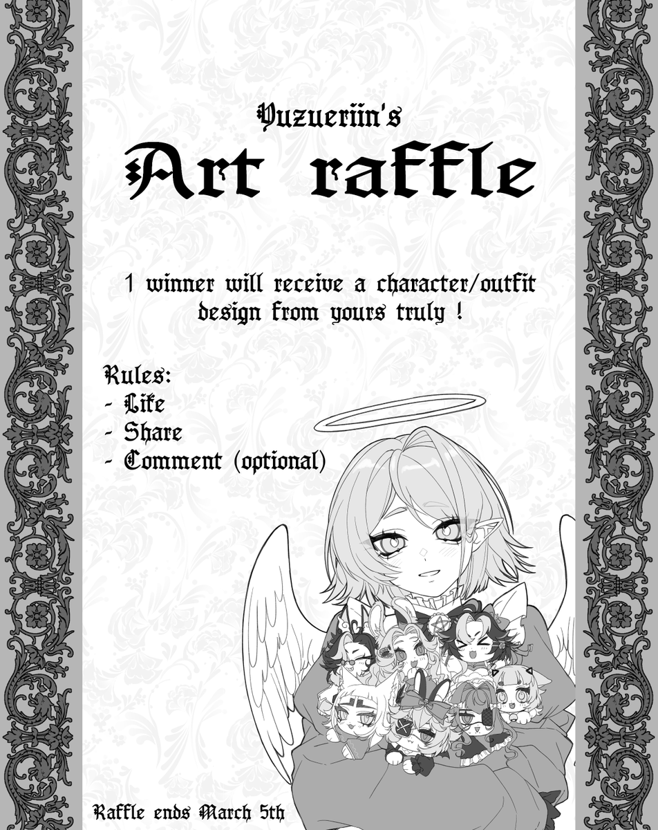 🤍✨Birthday art raffle!✨🤍

1 winner will receive a character/outfit design!

To enter:
- Like
- Share
- Comment (optional)

Raffle ends March 5th!

More info👇