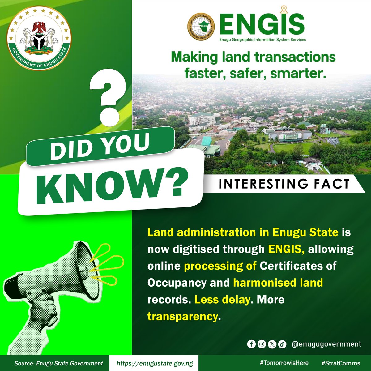 enugugover76588's tweet photo. Land administration in Enugu State is now fully digitised through ENGIS. Process Certificates of Occupancy online with harmonised records for faster transactions, reduced delays, and greater transparency. Less delay. More transparency. Tomorrow Is Here.
#EnuguState #ENGIS https://t.co/V3xnJ4x99X