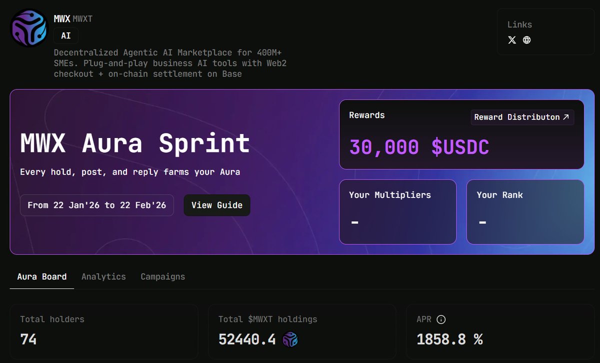 mwx_ai's tweet image. 10 days left on the MWX Aura Sprint!

This is how we reward early believers who help adoption scale:
- Yap about MWX to help more SMEs discover the tools they need
- Or hold $MWXT to back the mission

Choose your lane, and push the leaderboard now:
airaa.xyz/project/mwx