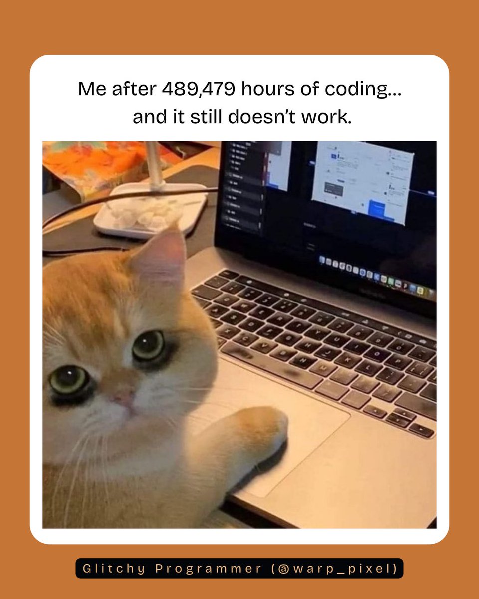 warp_pixel's tweet image. I don’t need sleep.
I need it to compile.
At this point, I’m not debugging the code…
the code is debugging me.
Send coffee. Or semicolons. Preferably both.

#programmerhumor #codinglife #debugging #devlife #programmerproblems #codememe #warppixel