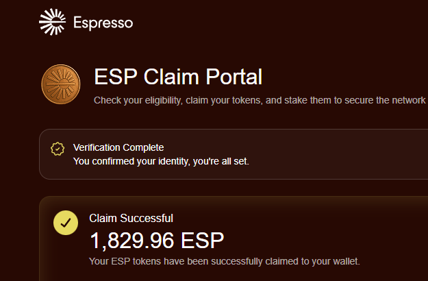 🪂 $ESP Claim Is Live 🪂

Your <a href="/EspressoSys/">Espresso ☕️</a> allocation is now available to claim.

• Check your eligibility: claim.espresso.foundation
• Connect your wallet and claim on Ethereum mainnet

$ESP is currently trading around $0.07