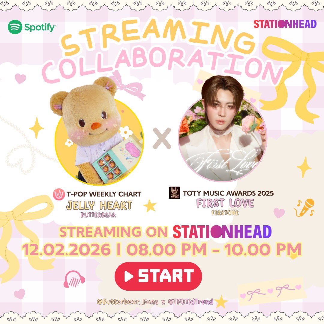STREAMING COLLABORATION PARTY🩷💛

พี่ติดฝนมาเช็คชื่อกันด้วยน้าาา กดเข้าไปแล้วแคปรูปพร้อมติดแฮชแท็ก
#StreamforButterbearxFirstOne

🧸HOST : <a href="/Butterbear_Fans/">ด้อมน้องเนย 🧸🧈💛</a> 
🐰CO-HOST : <a href="/TFOTidTrend/">TidTrend For TleFirstOne</a> 

🎧 : share.stationhead.com/ath2wnpe0ela
🕗 : 20:00-22:00 น.

มาสตรีมไปด้วยกันนะฮะ🩷🧸✨

#Firstone