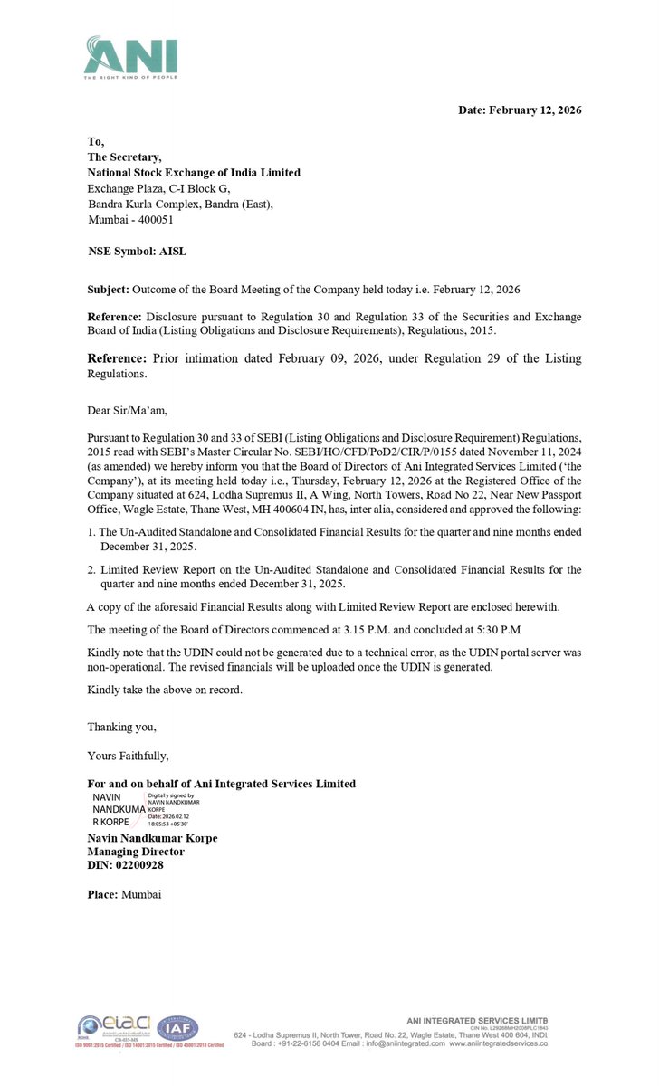nileshkurhade's tweet photo. 📌 ANI Integrated Services Limited informed the exchange about its approval for the financial results for the period ended December 31, 2025. #SME #AISL 📄🧾 https://t.co/toRRZgwXXB