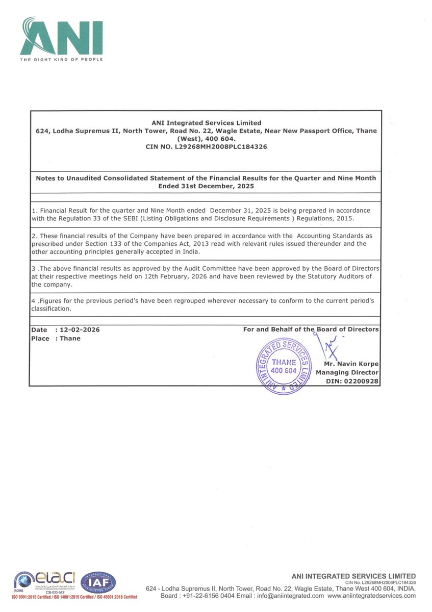 nileshkurhade's tweet photo. 📌 ANI Integrated Services Limited informed the exchange about its approval for the financial results for the period ended December 31, 2025. #SME #AISL 📄🧾 https://t.co/toRRZgwXXB