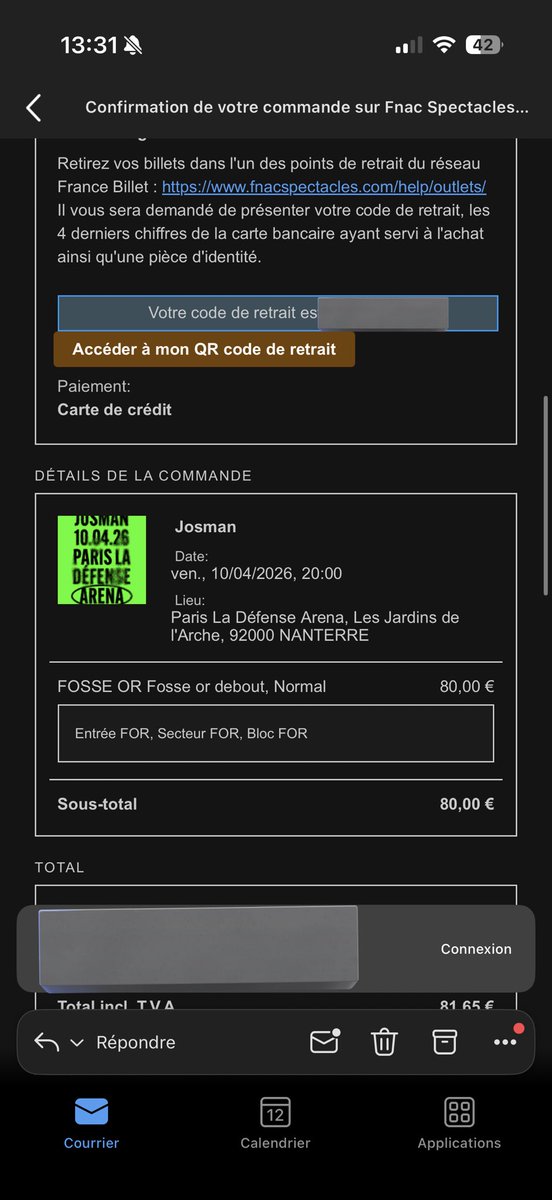 Je vends ma place pour Josman à la Défense Arena, le 10 avril 2026, si ça s’intéresse quelqu’un en fosse or