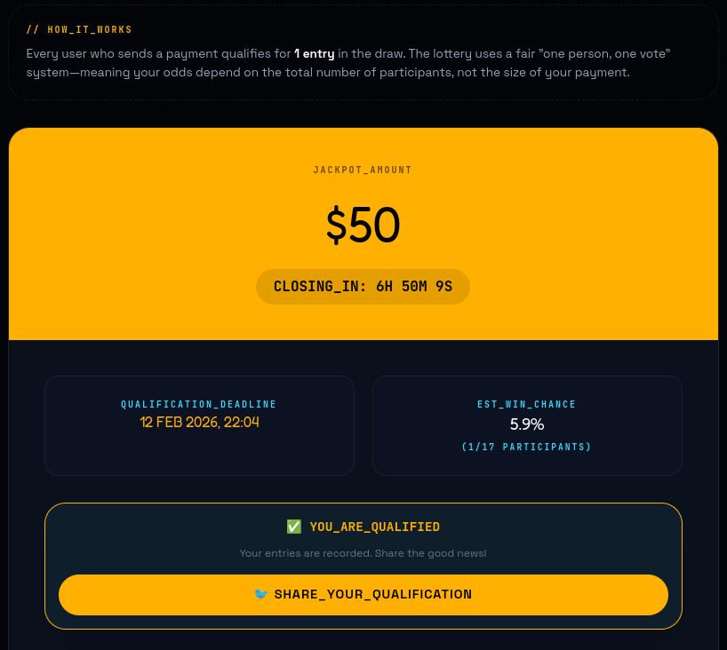 17 participants. 
~5% chance to win the lottery. Just send any amount of USDC to your good friends on X

$WASSY
