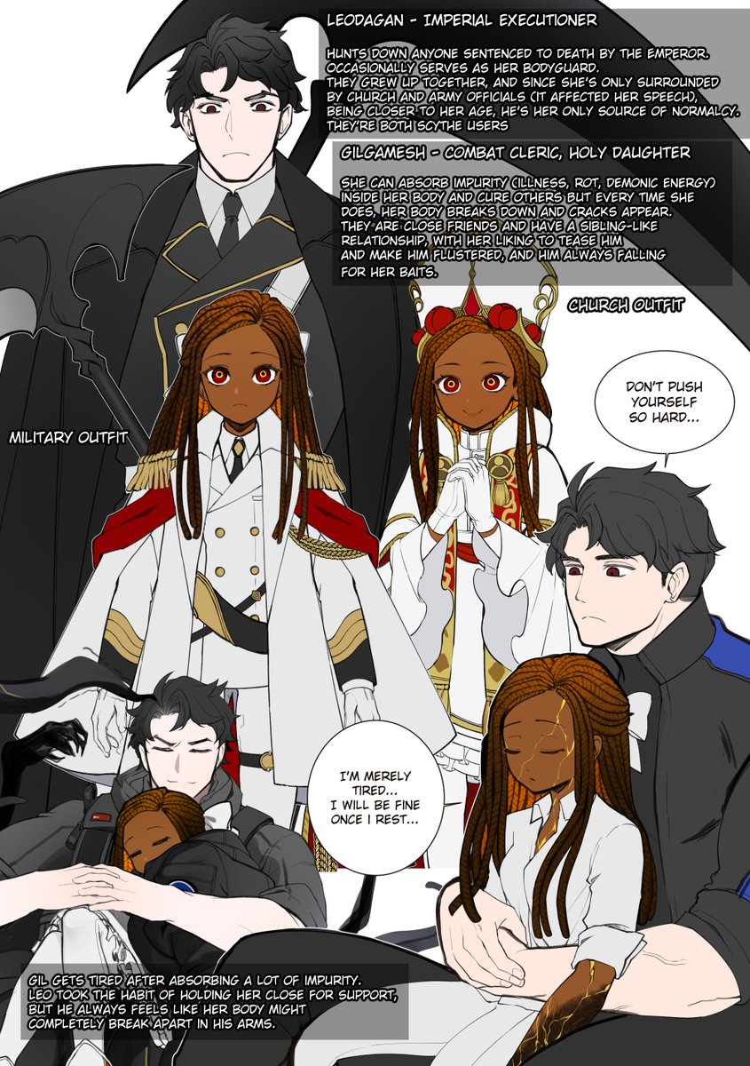 A combat cleric who can absorb illness within her own body to heal others and her body guard and only friend