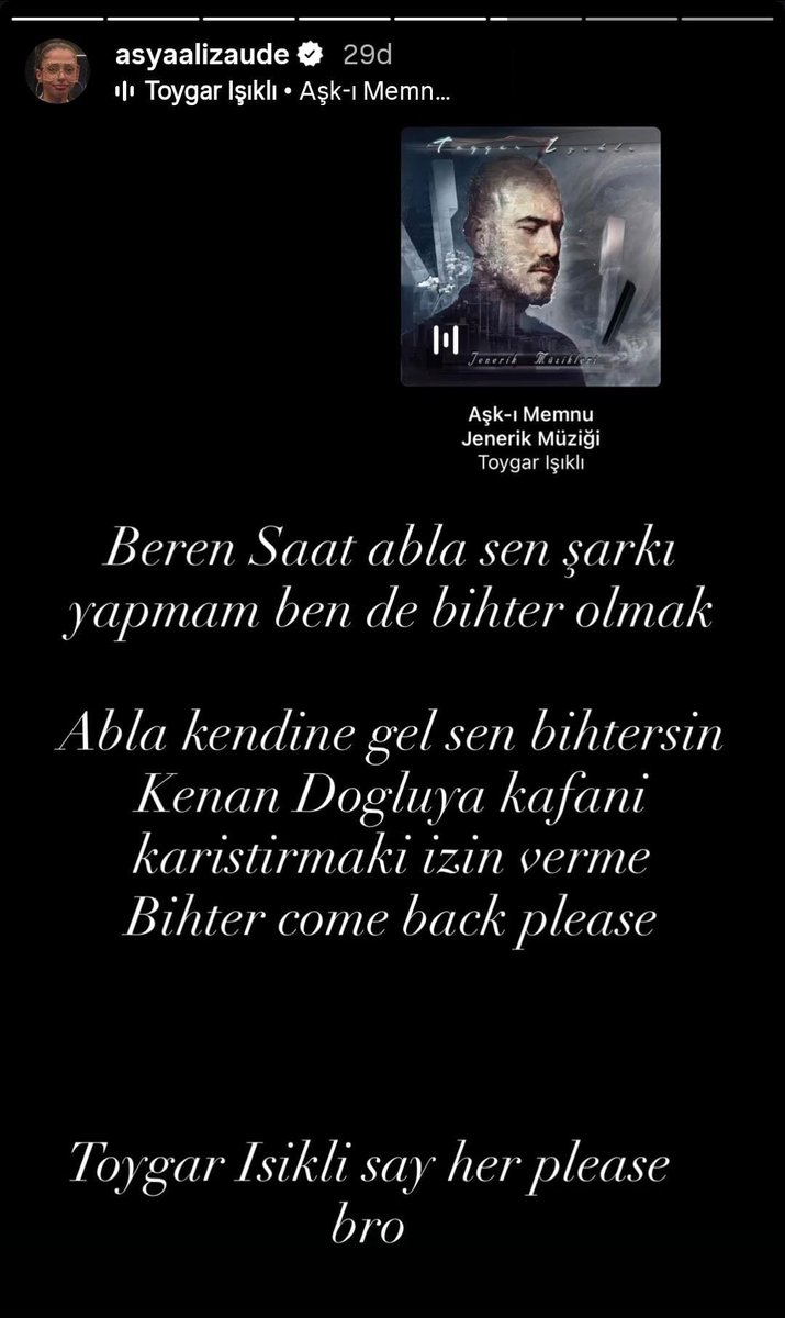 Alizade, ilk şarkısını çıkaran Beren Saat'e tepki gösterdi.

“Beren Saat abla sen şarkı yapmam ben de bihter olmak. Abla kendine gel sen bihtersin. Kenan Doğluya kafani karıştırmaki izin verme.”
