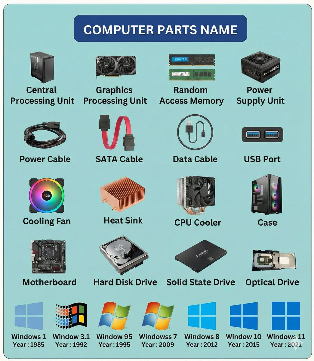 Sonal949936's tweet photo. The evolution of Windows — every part plays a critical role in performance and functionality. Master the basics, build stronger knowledge. 💡
#ComputerBasics #ComputerParts #TechEducation #DigitalLearning #ComputerKnowledge https://t.co/Wll2o839ul