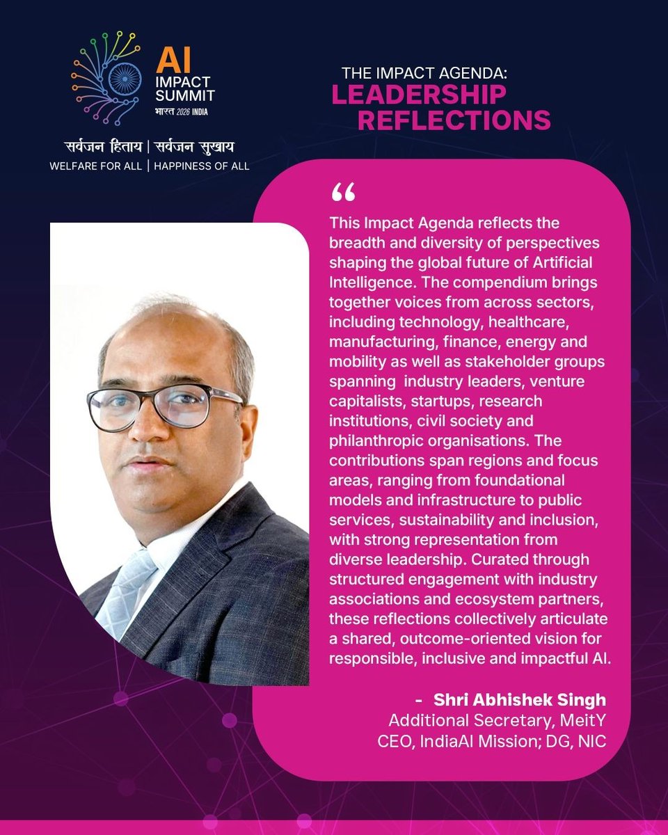 GoI_MeitY's tweet photo. Mr. @abhish18, Additional Secretary, MeitY; CEO, IndiaAI Mission; DG, NIC, champions India’s efforts to build a robust AI ecosystem. He shares that the Impact Agenda is born from diverse voices across industries and ecosystems. https://t.co/itpKZyCgL5
