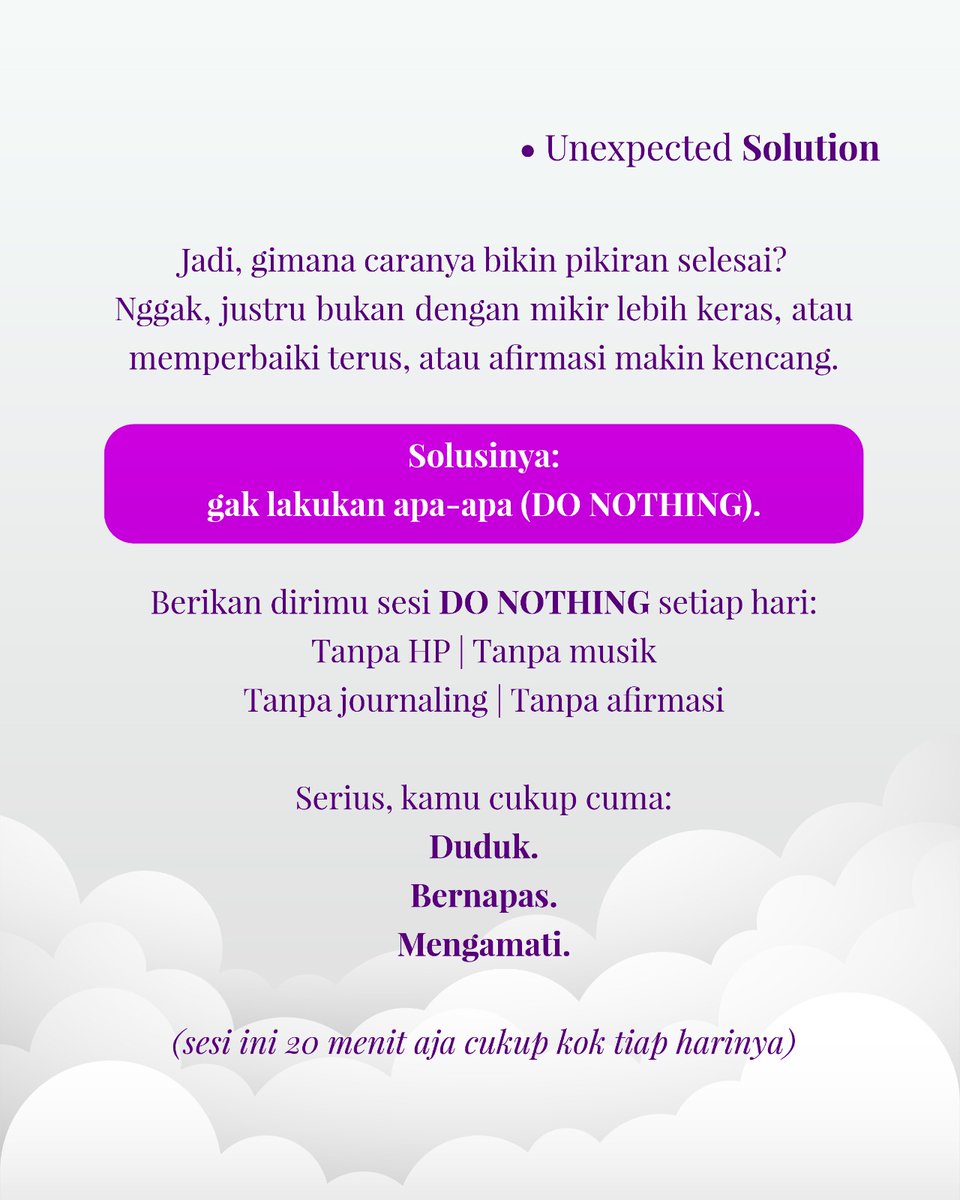 camemille's tweet photo. @sbyfess 1. Duduk diam TANPA distraksi. 
2. Amati semua pikiran yg muncul, jangan dianalisis/dilawan/dihakimi. 
☺✨ https://t.co/41fV60d2rO