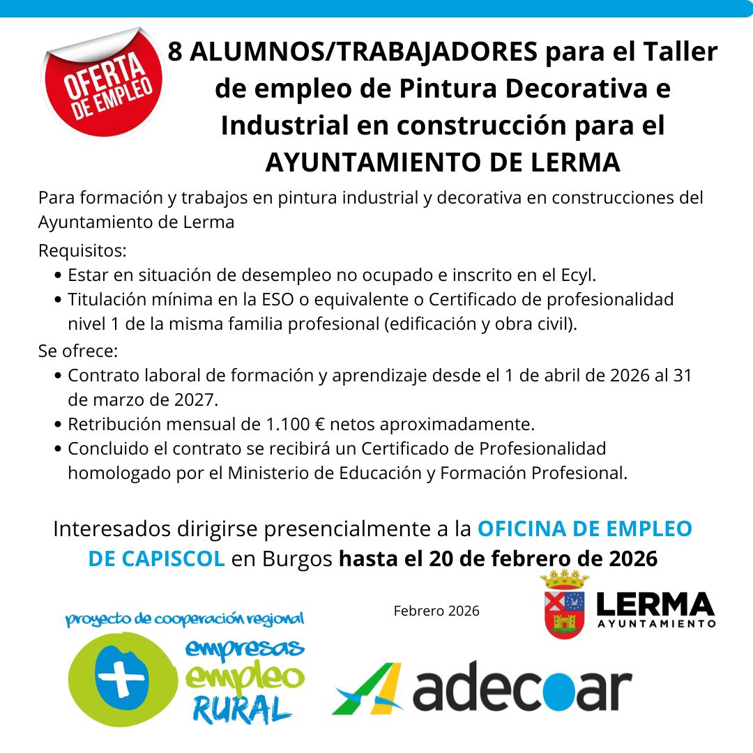 Adecoar_Emplea's tweet photo. 📢📢Oferta de #empleo del
@AYTOLERMA
Buena oportunidad para formarte y trabajar en pintura decorativa e industrial Conseguirás un Certificado Profesional y un sueldo mensual durante 1 año
@adecoar_arlanza
@empresasempleo
@empleojcyl @AYTOLERMA https://t.co/VsiZh7uUi1