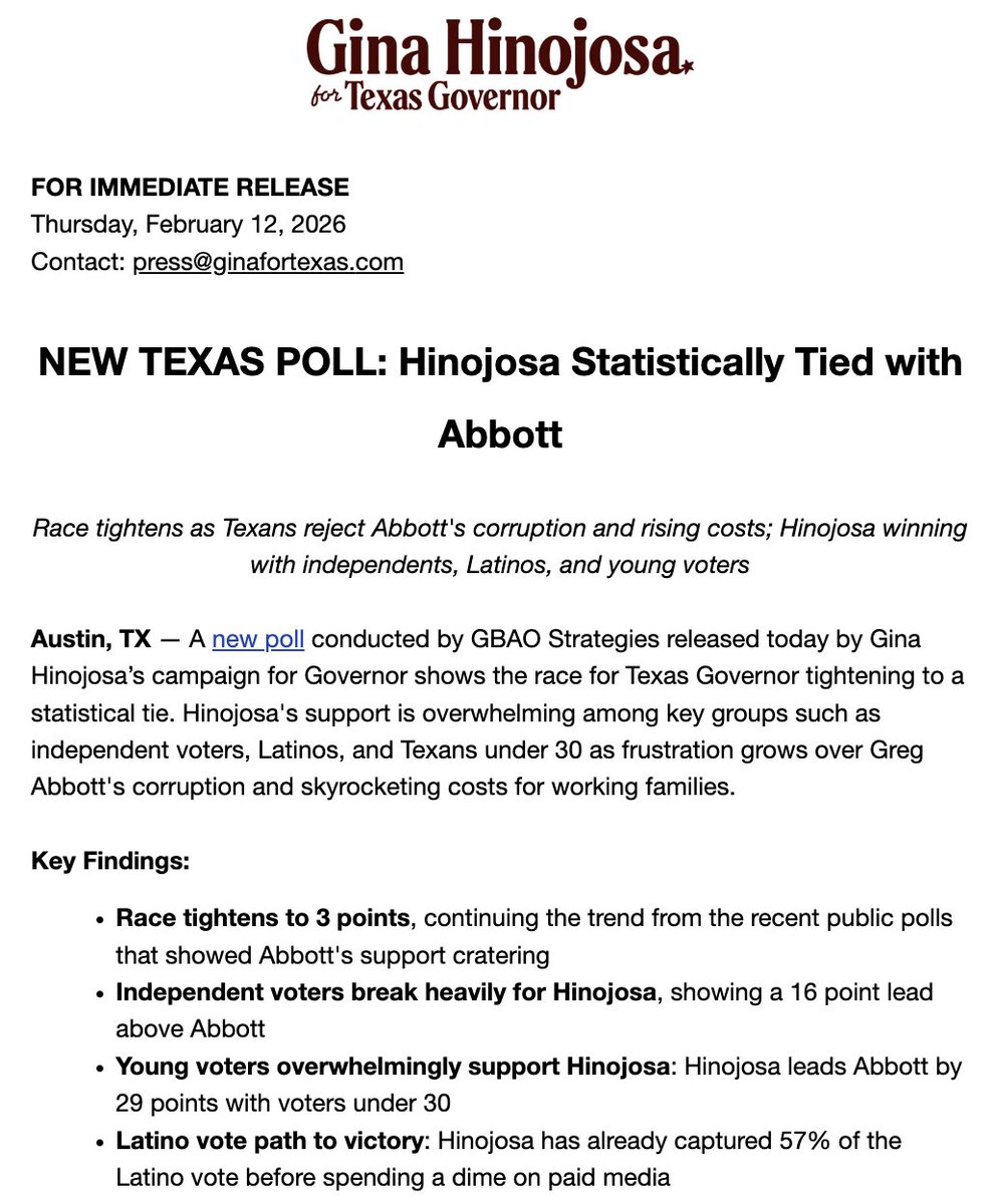 New TX poll shows <a href="/GinaHinojosaTX/">Gina Hinojosa</a> within the margin of error with Abbott — this is what happens when you put a for sale sign on Texas⬇️