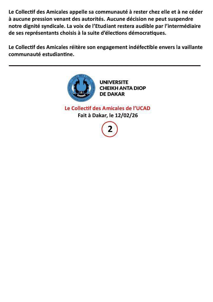 Noo_IDcard's tweet photo. ‼️Le Collectif des Amicales de l’UCAD dénonce la suspension des amicales par les autorités, qu’il considère comme une mesure autoritaire visant à étouffer les revendications étudiantes.

Il exige l’ouverture du campus social avant toute reprise des cours, la remise de l’autopsie d’Abdoulaye Ba à sa famille et la justice pour les faits dénoncés.

Il appelle enfin les étudiants à rester mobilisés et indique que trois de ses membres sont toujours en détention.