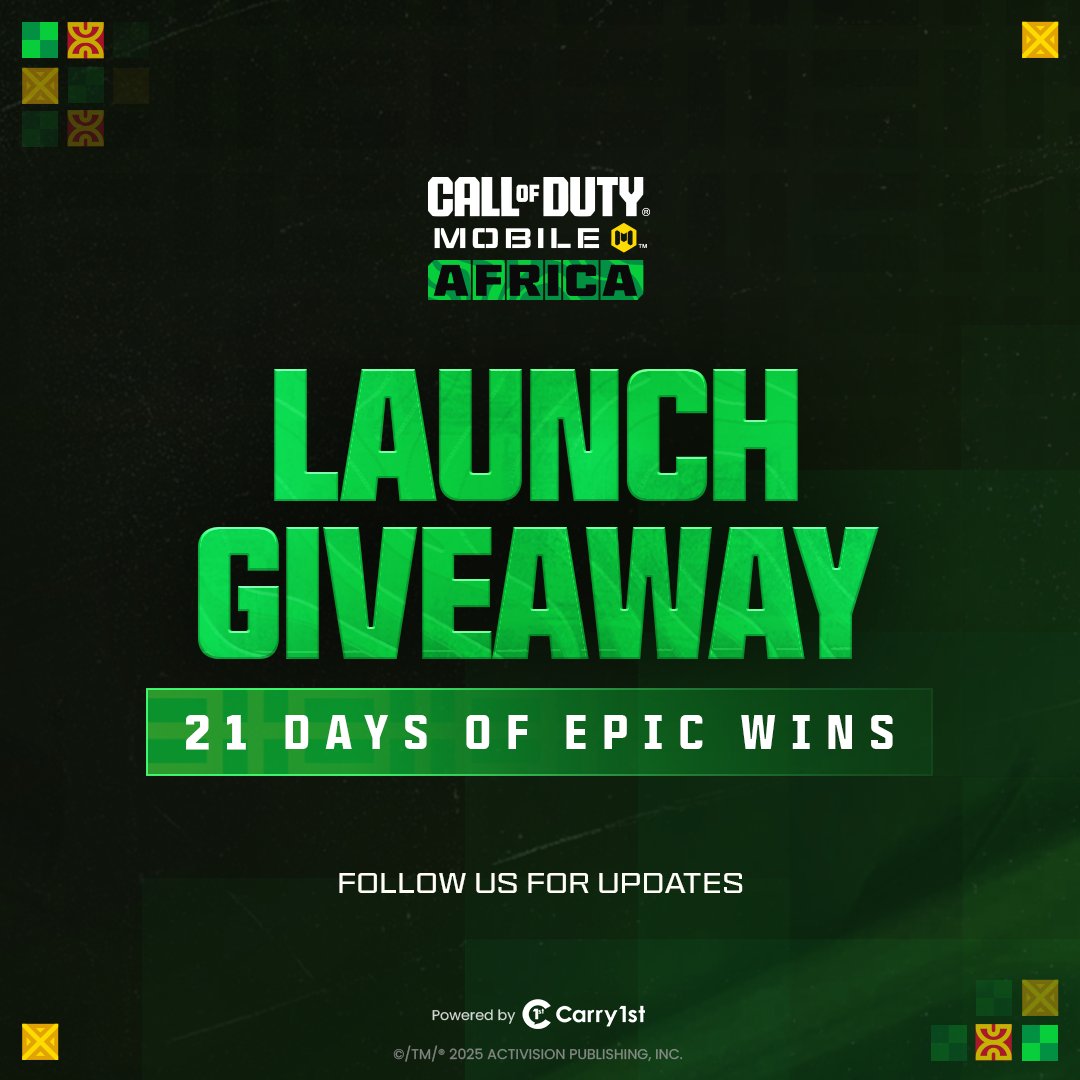 21 Days of Epic Wins🔥

To celebrate the launch of our new social channels, we’re running daily giveaways for the next 21 days.

Prizes include:
🟡COD Points
👕CODM merch
🕹️Gaming gear

Follow the channels so you don’t miss a thing!
Let’s do this, Africa🌍

#codmafrica #CODm