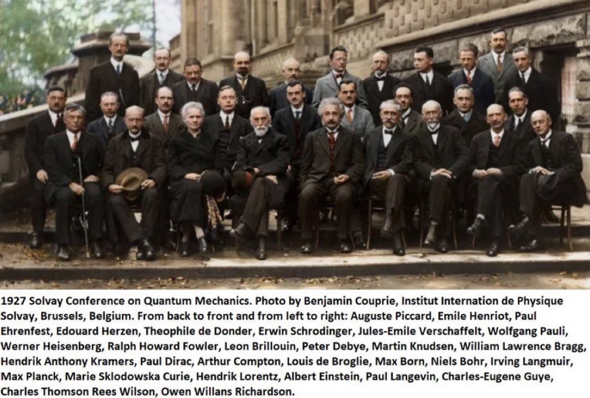 Dr. Marie Curie is the only woman in this 1927 photo of geniuses, out-credentialing everyone as the only person to be awarded two Nobel Prizes in two separate sciences.