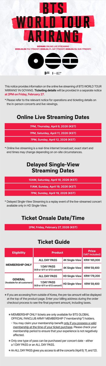 [NEWS] MORE INFO OF #BTS LIVE STREAM ONLINE AND IN CINEMAS 

3 DAYS of BTS Tour in GOYANG will be LIVE streamed ONLINE on April 9, 11 &amp; 12!
📆 Calendar:
- April 9,11,12 — "ARIRANG" in Goyang Live streamed online 

🎥 Streaming live in CINEMAS worldwide: DAY 2 of the BTS tour in