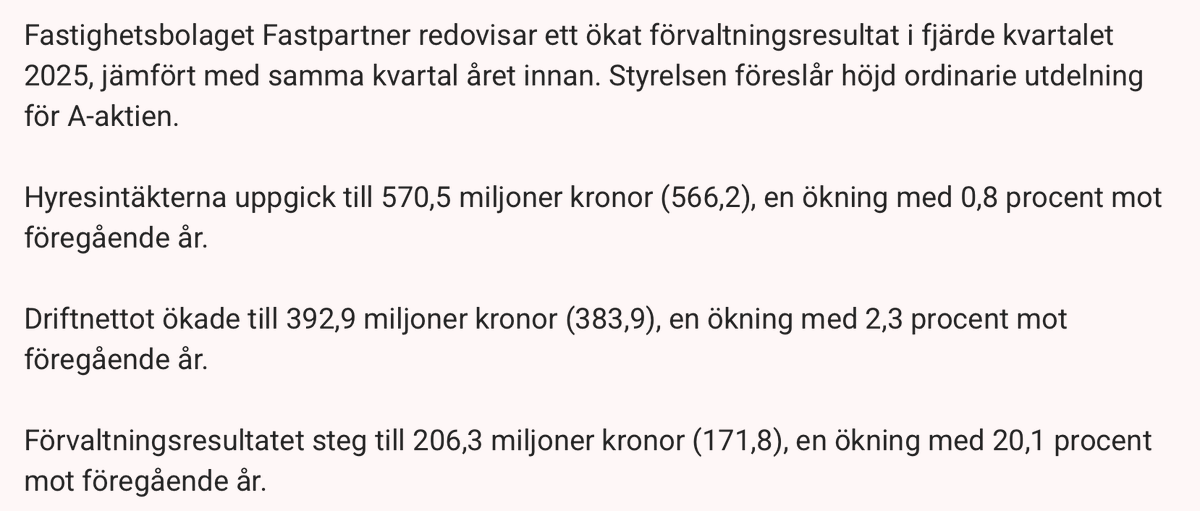 E_Invests's tweet photo. Okej rapport från #Fastpartner. Bolaget ökar förvaltningsresultatet med fina 20,1 %. Och på tal om vakanserna så ökar bolaget uthyrningsgraden till 91,5 % från 91,3 % i Q3. Det är väldigt lite, men det är ett viktigt tecken på att det vänder uppåt nu. Utdelningen höjs också med 4,55 %. Som jag tidigare sa kommer många fastighetsbolag att höja utdelningen i år; flera har redan gjort det.